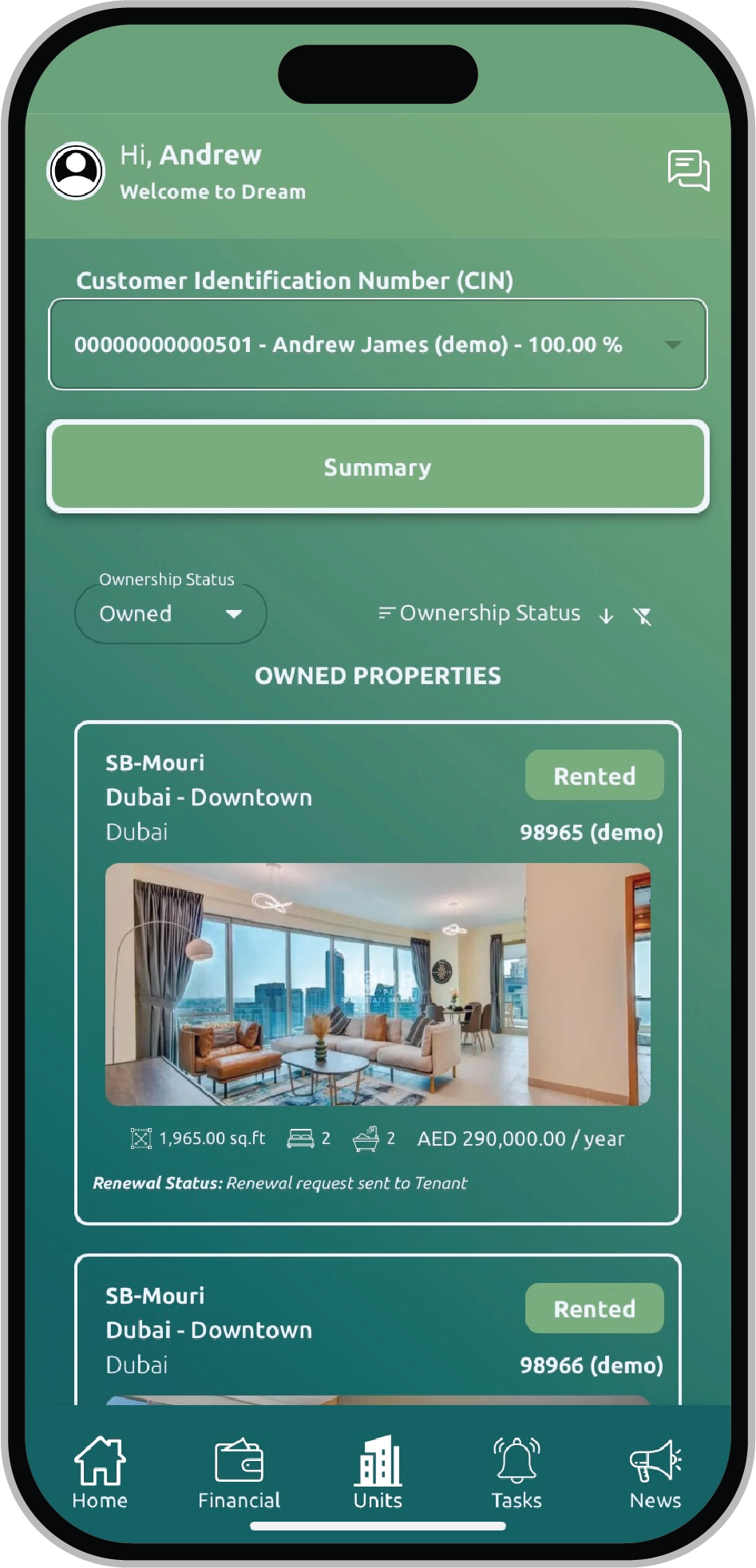 MMP property management app — dashboard (sample)