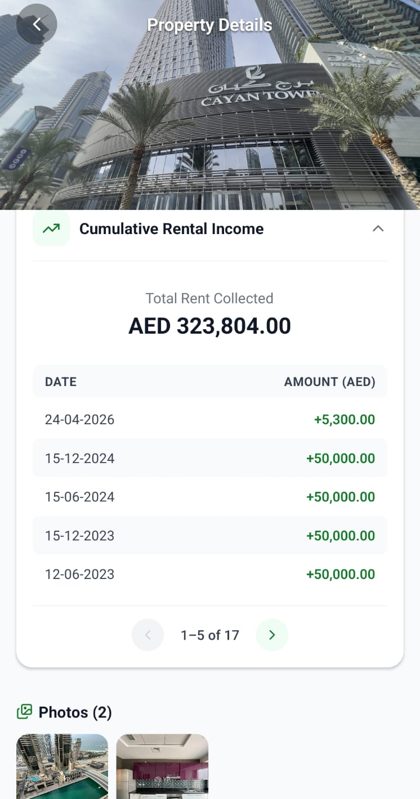 DREAM landlord app: cumulative rental income received for a unit