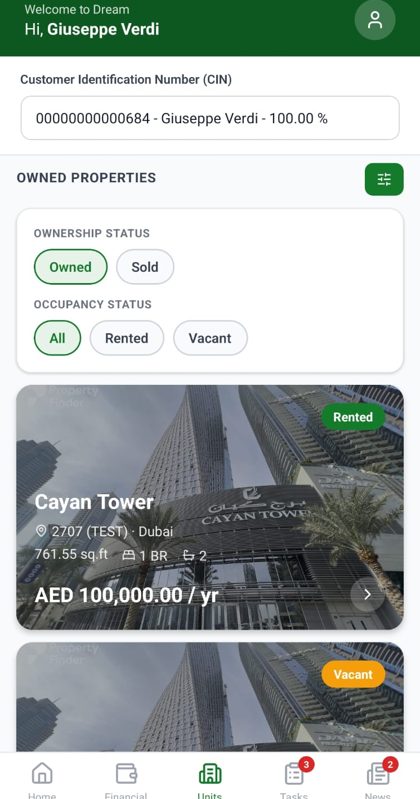 DREAM landlord app: owned properties with status and yearly rent