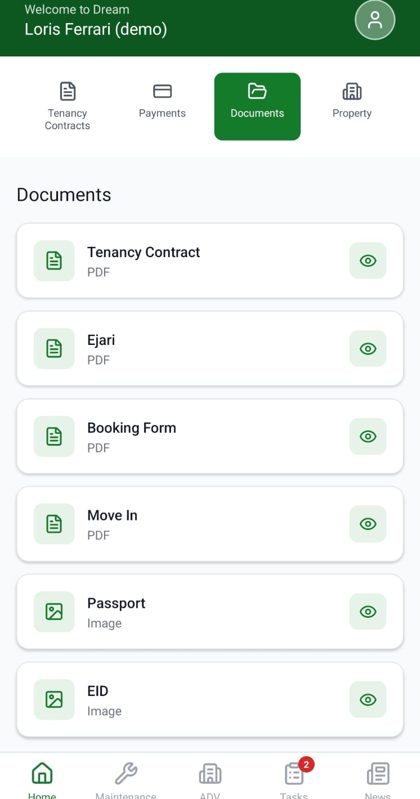DREAM tenant app: tenancy contract, Ejari and documents