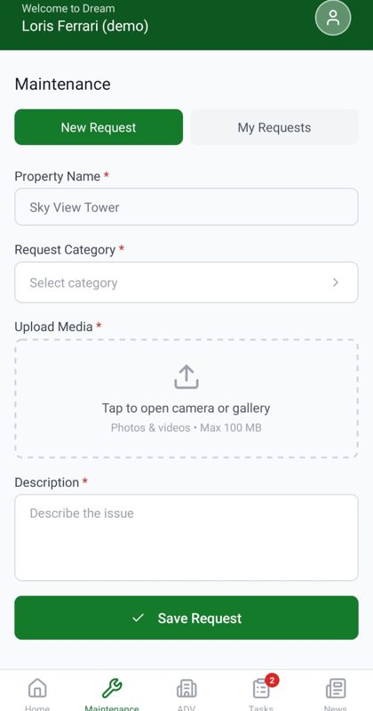 DREAM tenant app: new maintenance request with photos