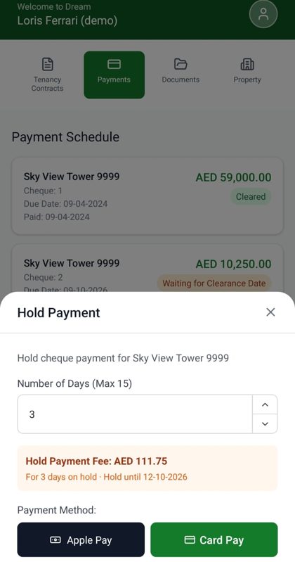 DREAM tenant app: paying with Apple Pay or card
