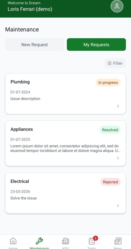 DREAM tenant app: maintenance requests with live status